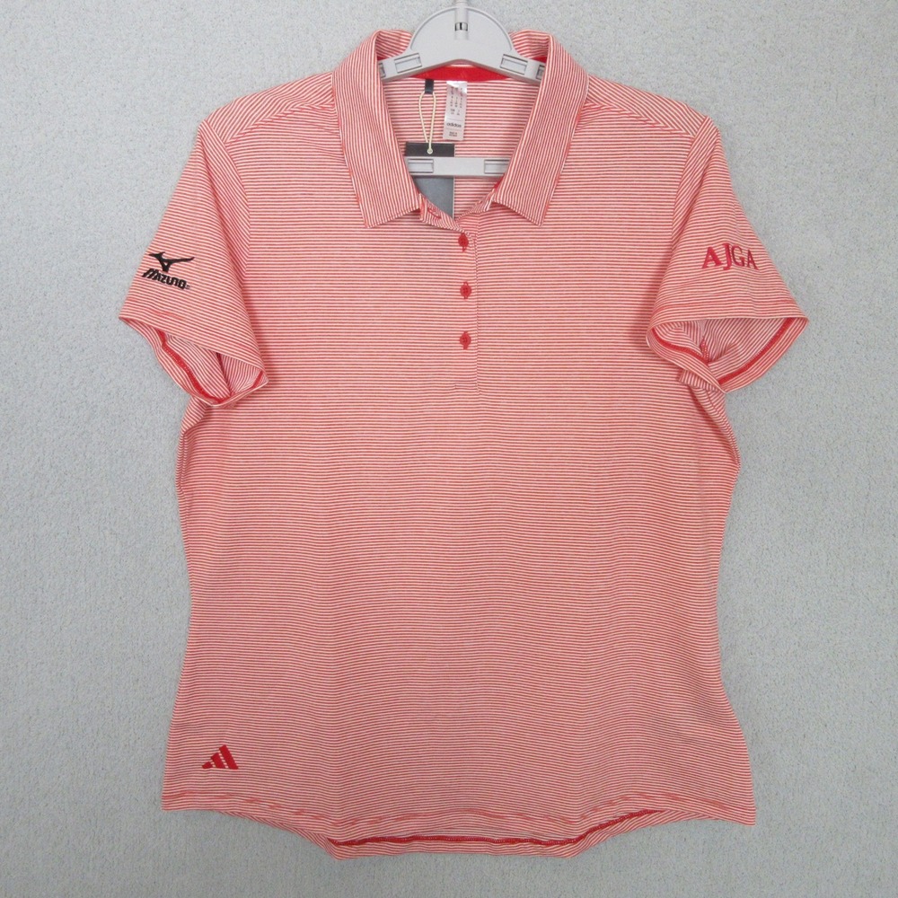 Mizuno AJGA Adidas Golf Polo Shirt Womens Large Red White Stripe Short Sleeve